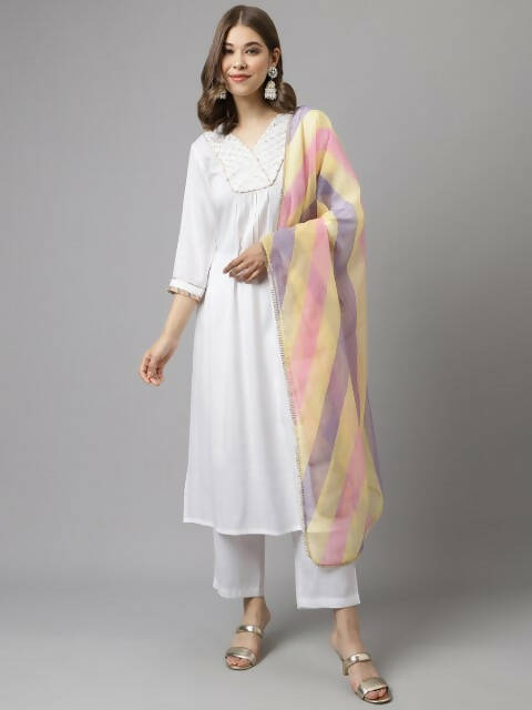 FIORRA Women's White Cotton A-Line Kurta Pant With Dupatta - Swadesiicart