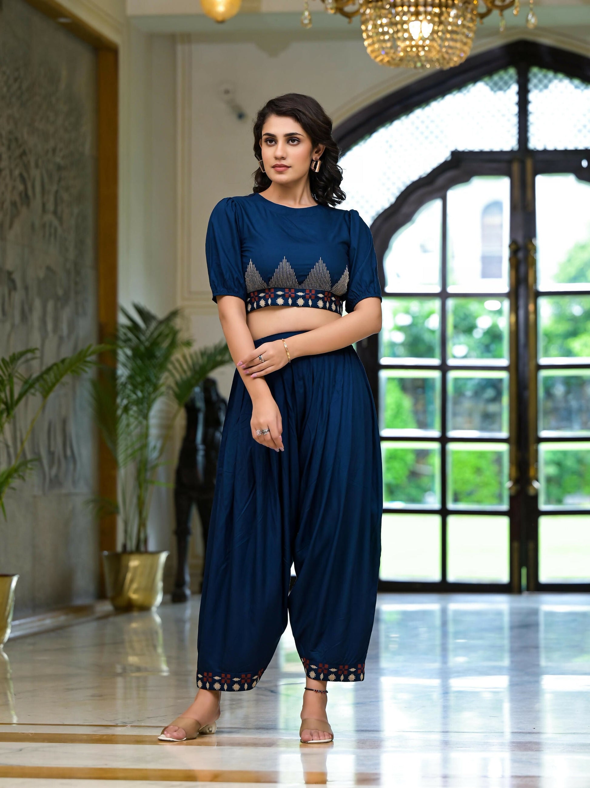 Juniper Women's Navy Thread Embroidered Rayon Top & Dhoti Pant Set - Swadesiicart
