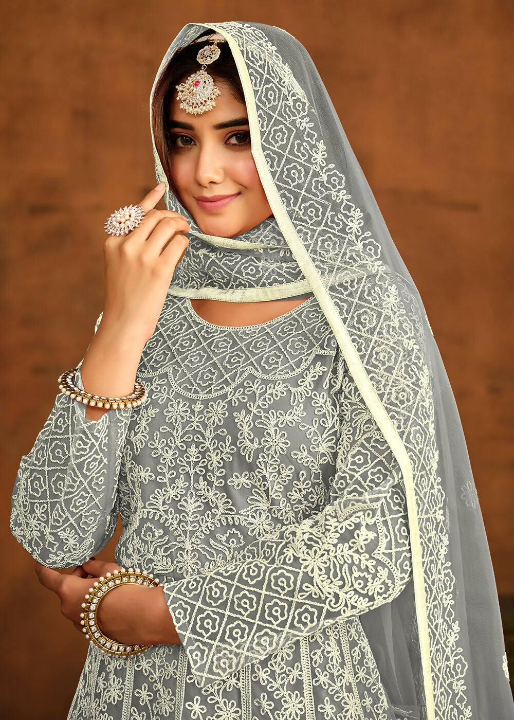 Grey All Over Embroidered Net Wedding Anarkali Suit - Emponline | Swadesiicart