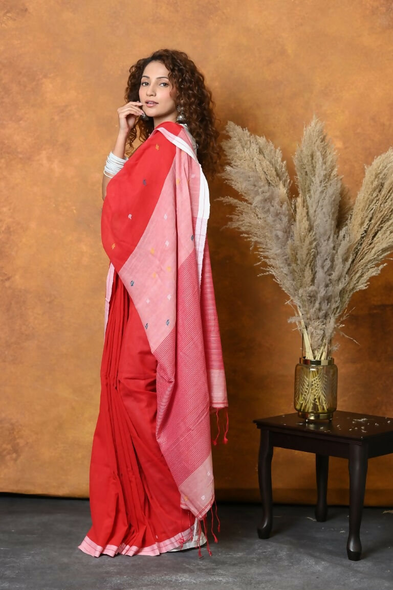 Very Much Indian Pure Cotton Handloom Saree with Buttis & Sleek Border - Red | Swadesiicart