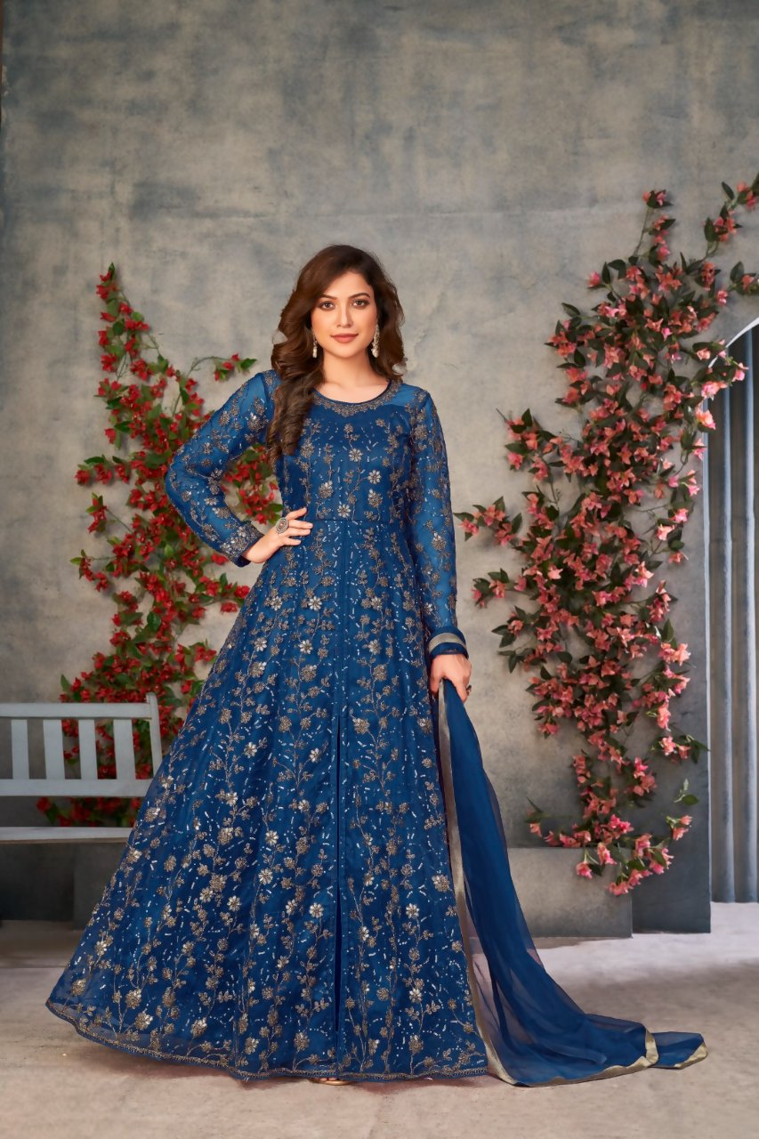Anaita Blue Embroidered Net Stitched Anarkali suit