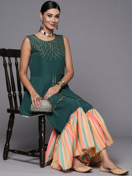 Ahalyaa Green Yoke Geometric Printed High Slit Sequinned Kurti with Sharara | Swadesiicart