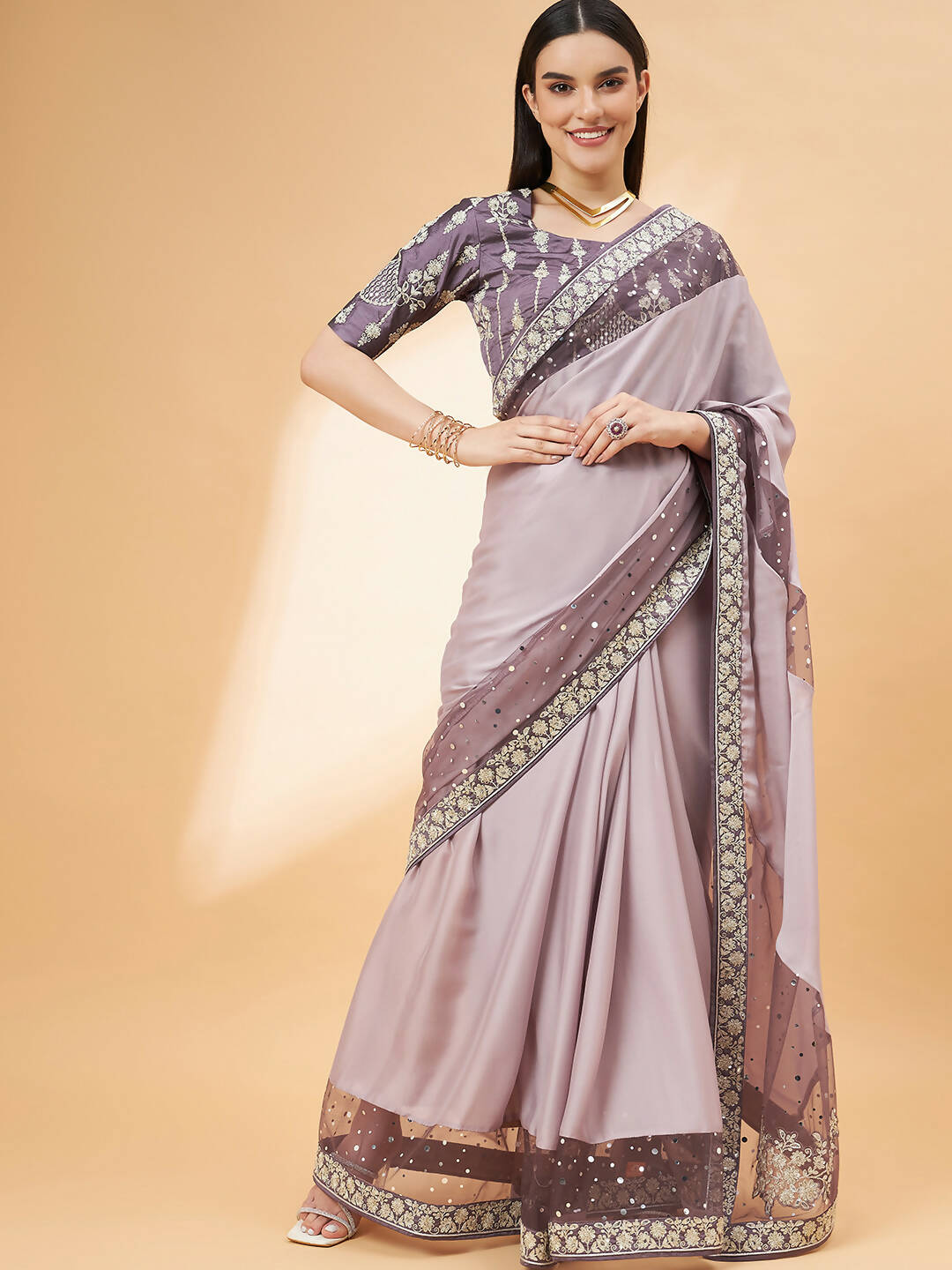 Mauve Silk Georgette Ribbon Embroidery Saree - Norita Hit Design - Swadesiicart