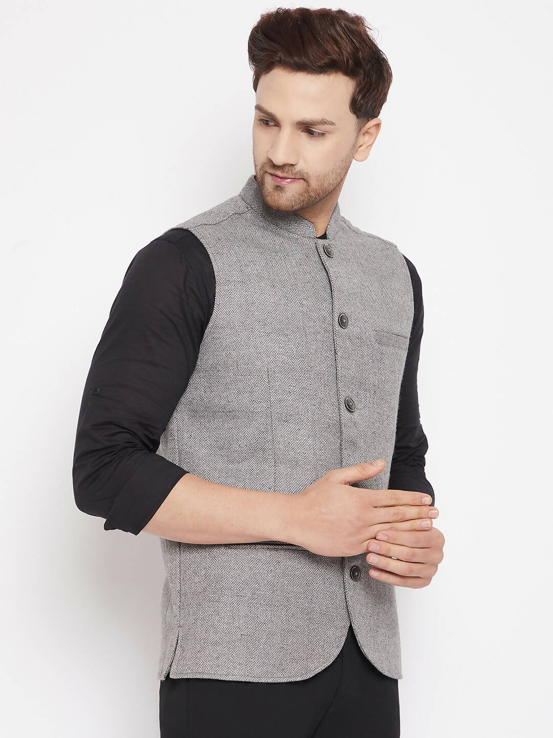 Even Apparels Grey Wool Men Woven Nehru Jacket WL730 | Swadesiicart