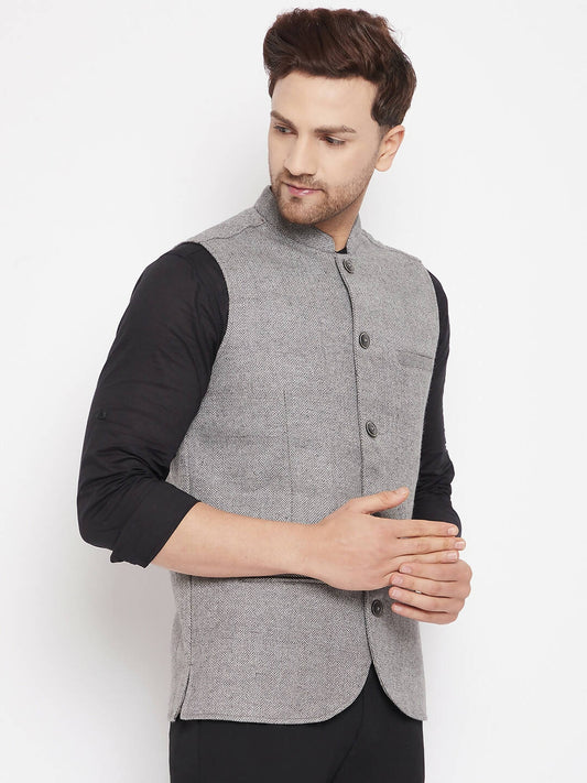 Even Apparels Grey Wool Men Woven Nehru Jacket WL730 | Swadesiicart