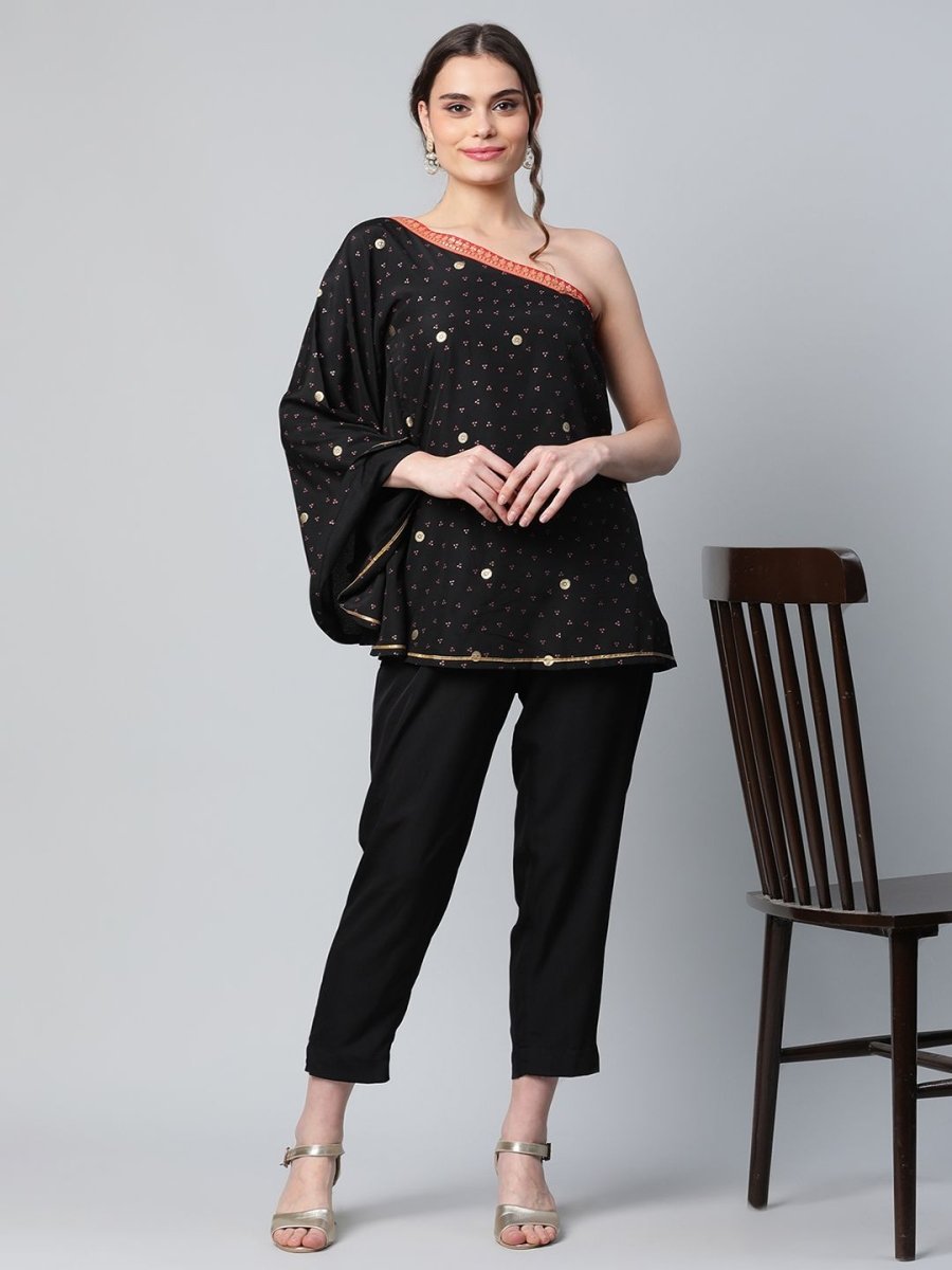 Ahalyaa Women Black Crepe Printed Top with Trouser Set | Swadesiicart