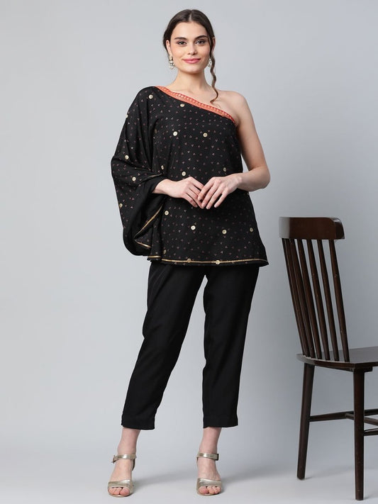Ahalyaa Women Black Crepe Printed Top with Trouser Set | Swadesiicart