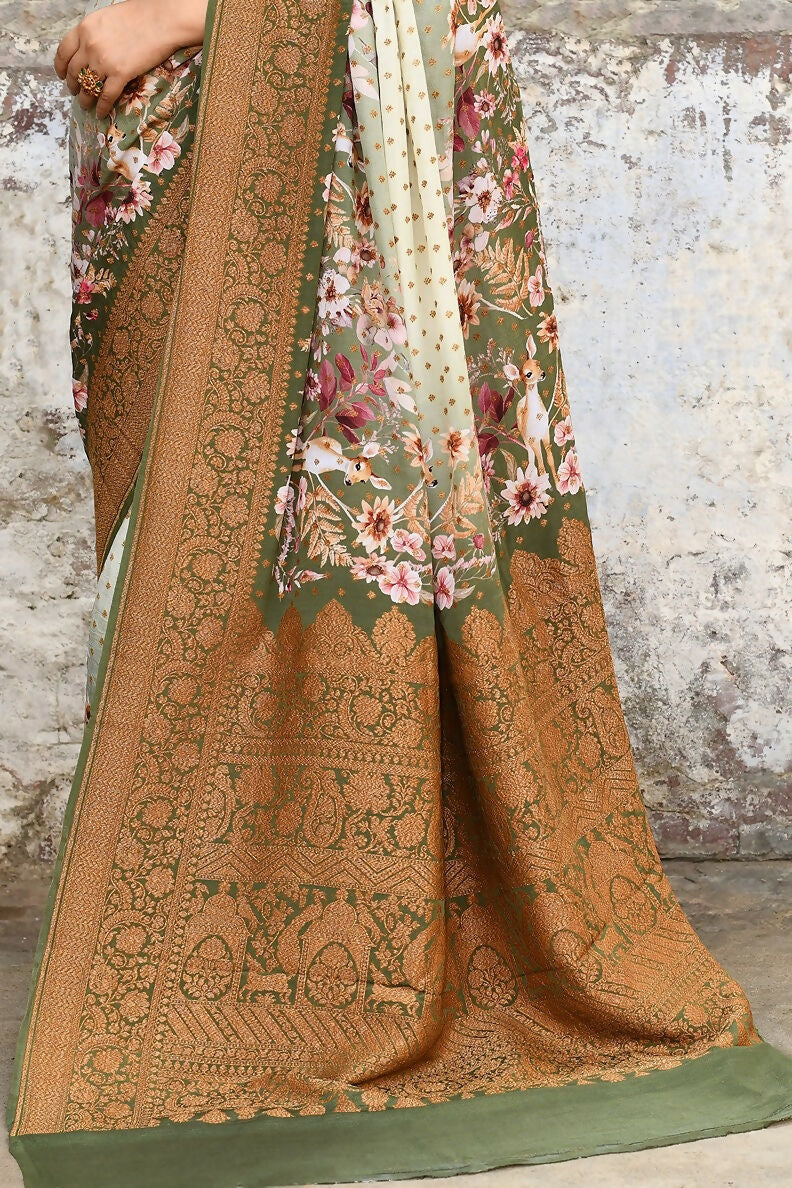Joban Fashion Olive Green And Ivory Pure Crepe Pure Handloom Banarasi Silk Saree | Swadesiicart