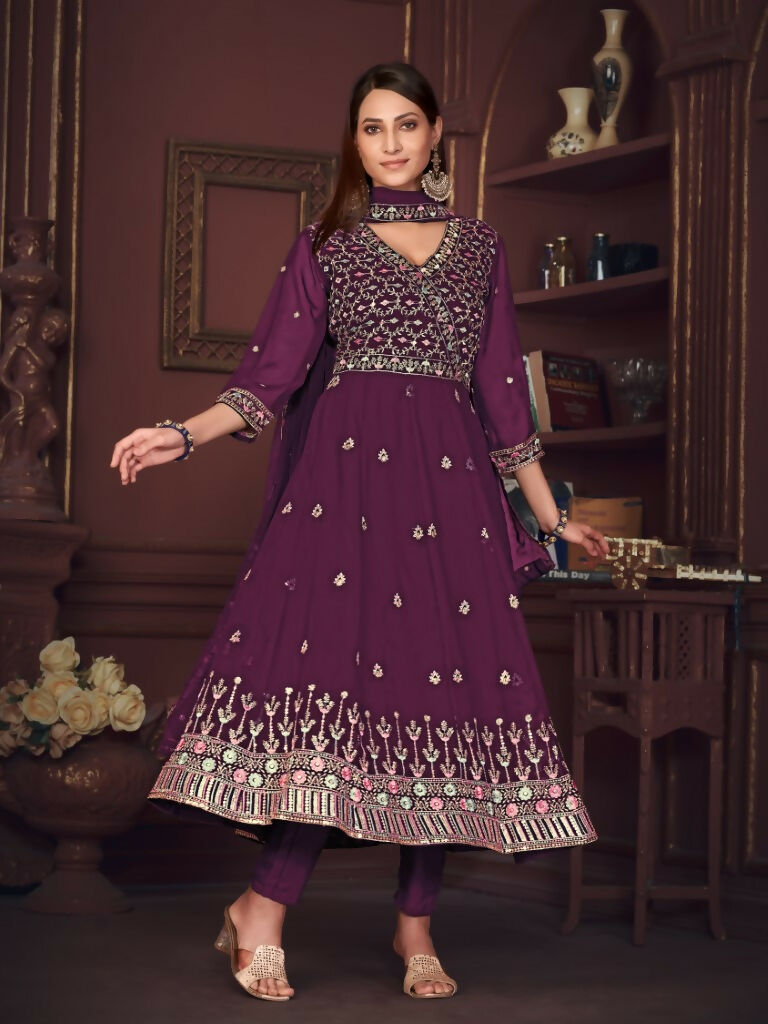 Jyoti Fashion Women's Purple Georgette Embroidered Anarkali Kurta Pant Set With Dupatta | Swadesiicart