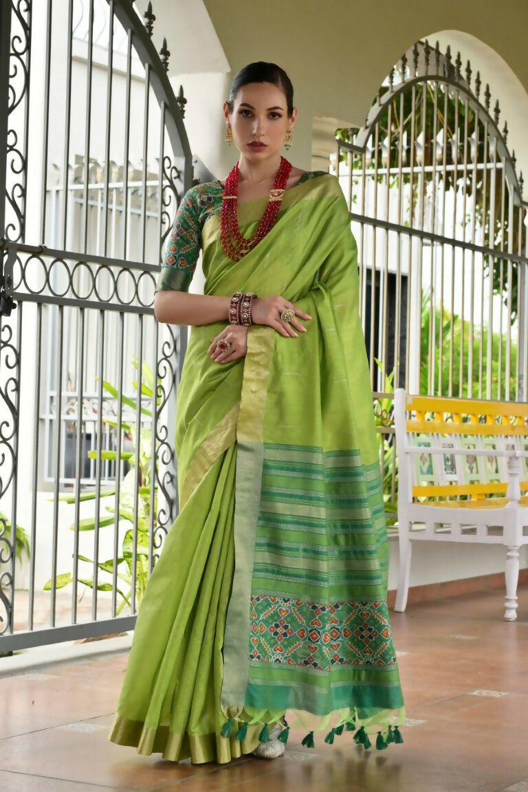 Vishnu Weaves Women's Mahendi Raw Silk Patola Zari Woven Saree with Blouse - Swadesiicart