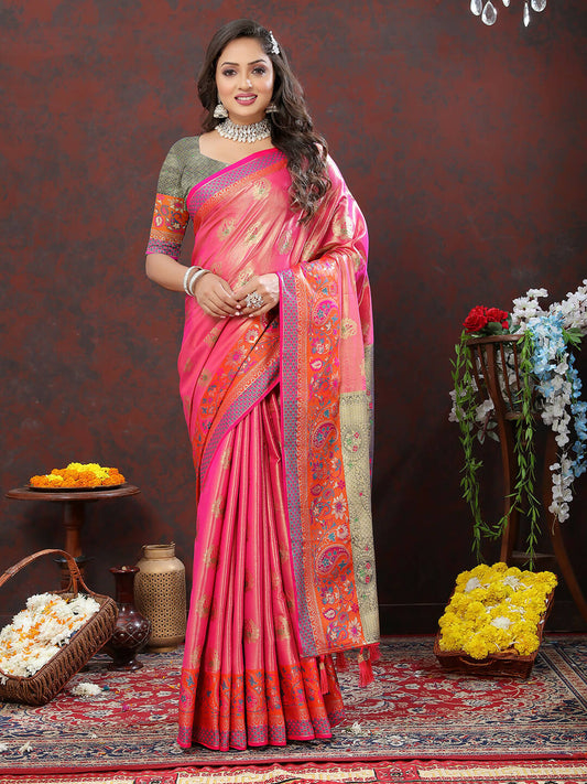 Lorenvalley Fashion Pink Kanjivaram Silk Woven Design with Zari Weaving Saree - Swadesiicart