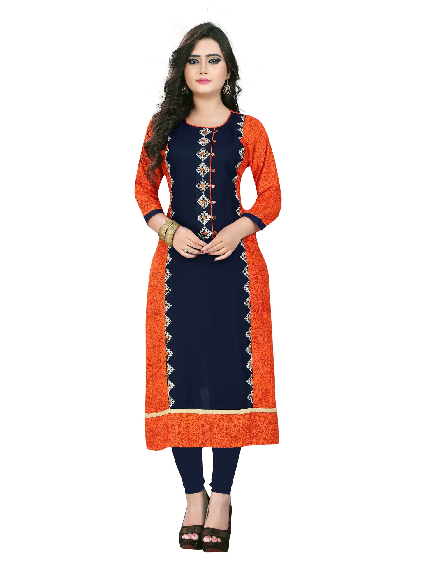 NOZ2TOZ Women Orange & Blue Rayon Kurta (1Pc) - Noz2Toz