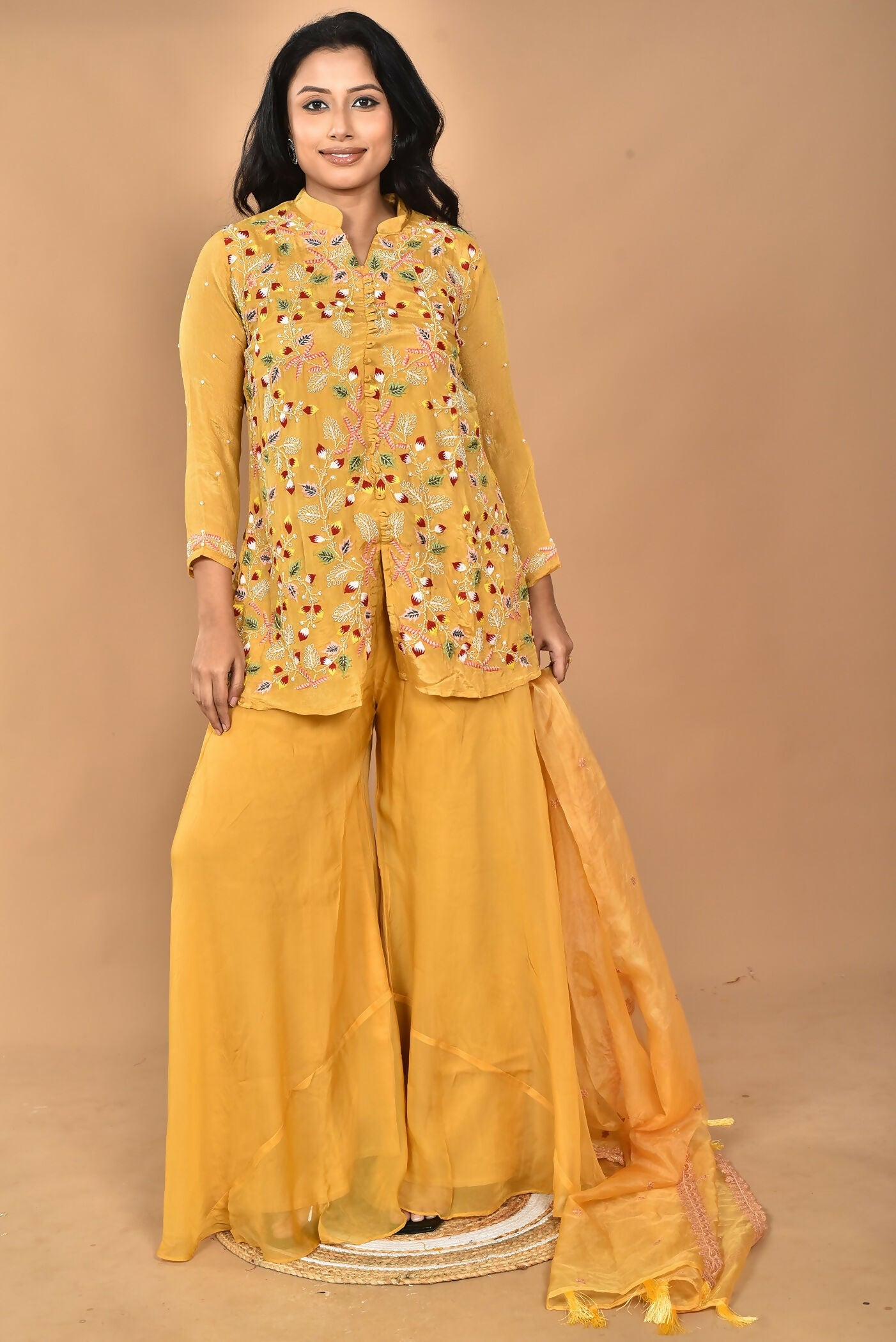 Morchari Women And Hand Embroidery Palazzo Set-Yellow - Swadesiicart