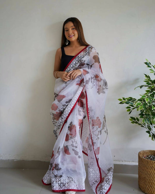 Vamsee White Organza Saree - Swadesiicart