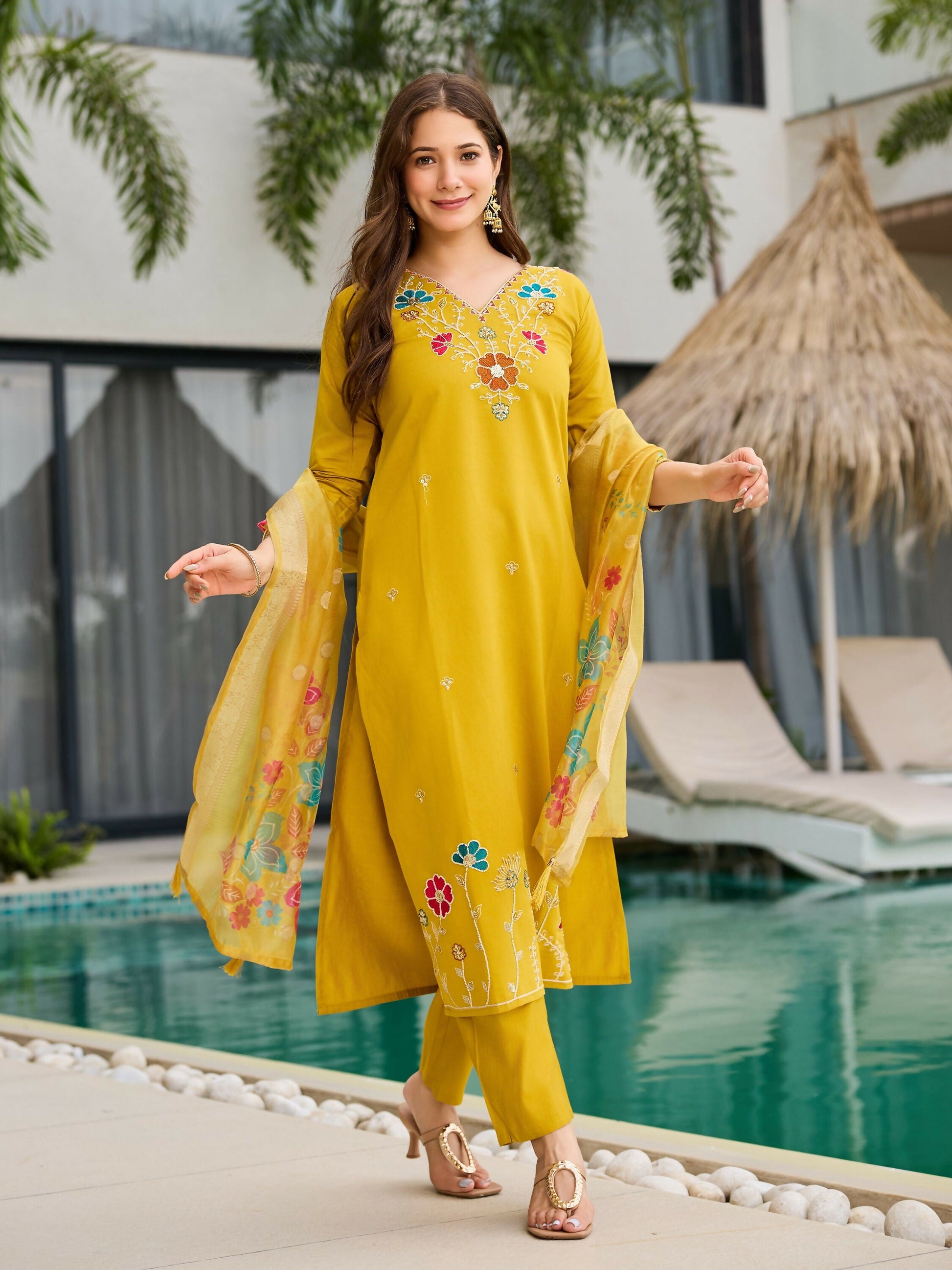 The52 Yellow Women's Gorgeous Embroidered work Viscose Gadhwal Fabric Straight Kurta, Pant and Dupatta Set - Swadesiicart