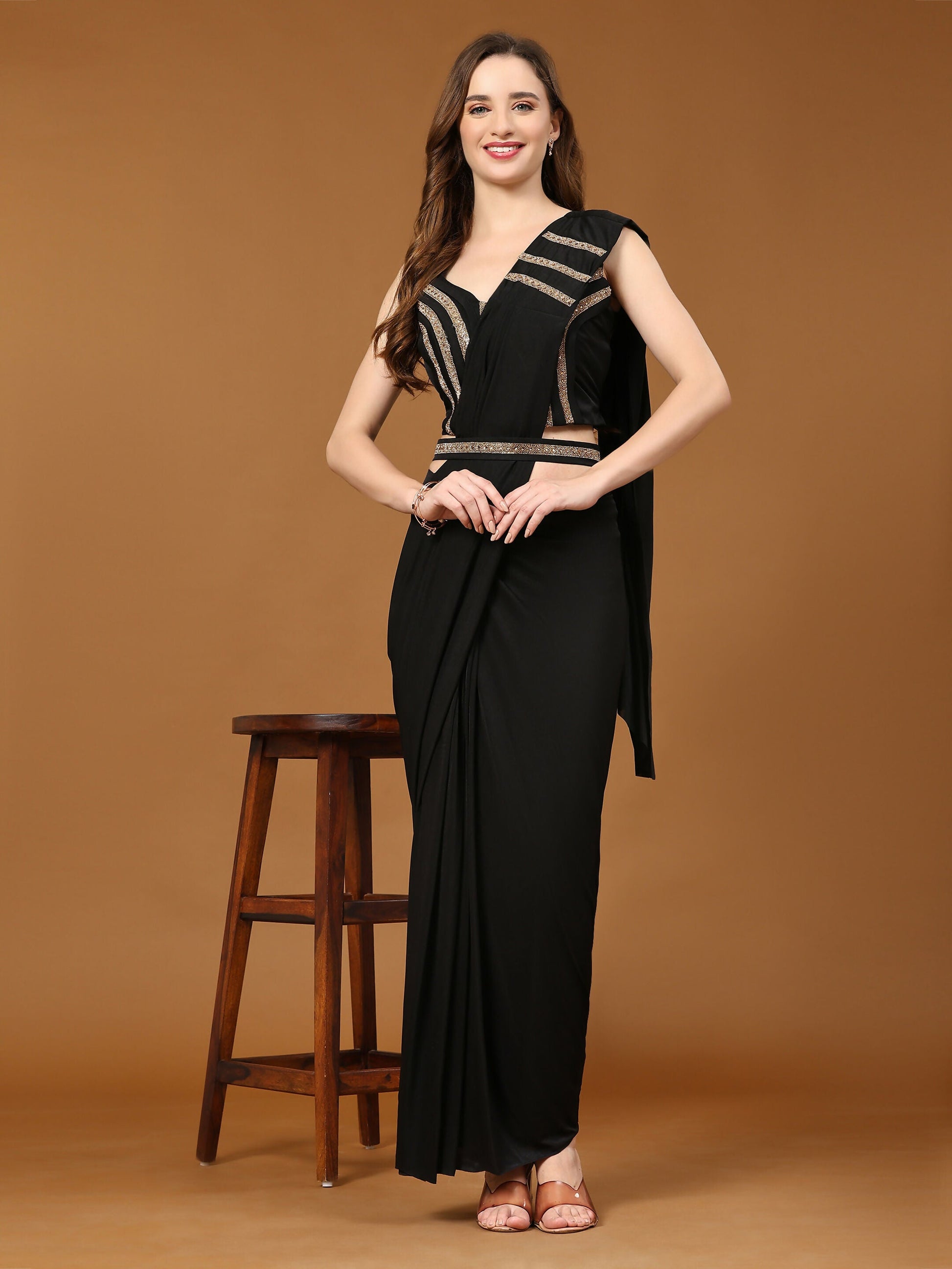 Black Polyester Solid Ready to Wear Saree with stitched Blouse - Nita | Swadesiicart