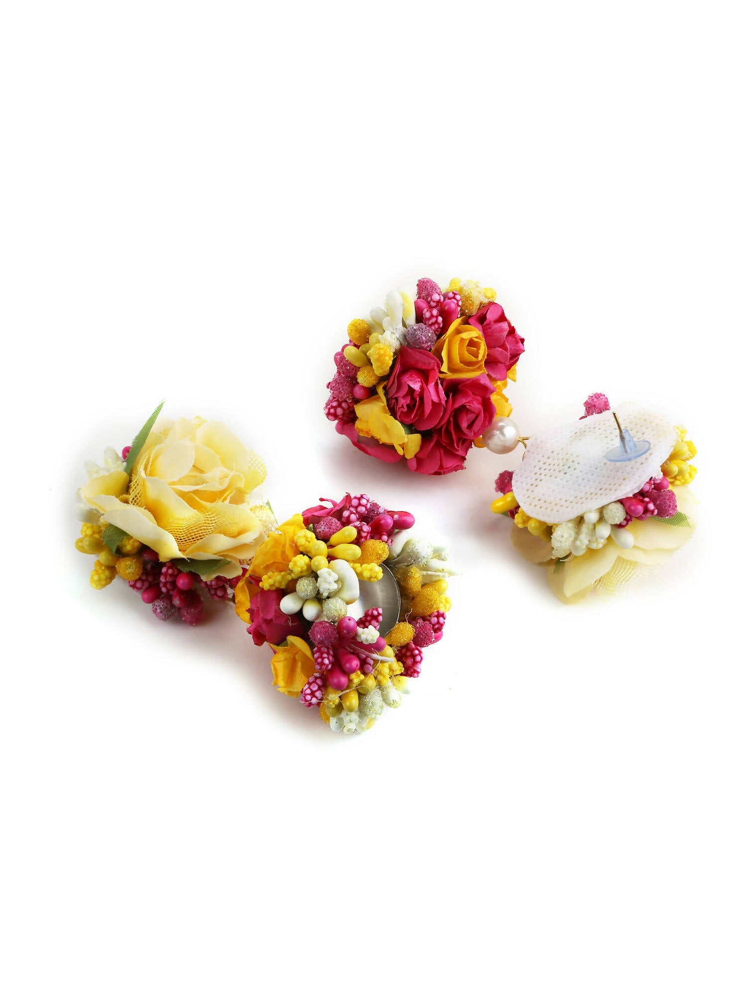 Yellow Pink Beaded Flower Jewellery Set - Ruby Raang - Swadesiicart
