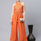 Ahalyaa Womens Orange Crepe Gold Stripped Print Jumpsuit - Swadesiicart