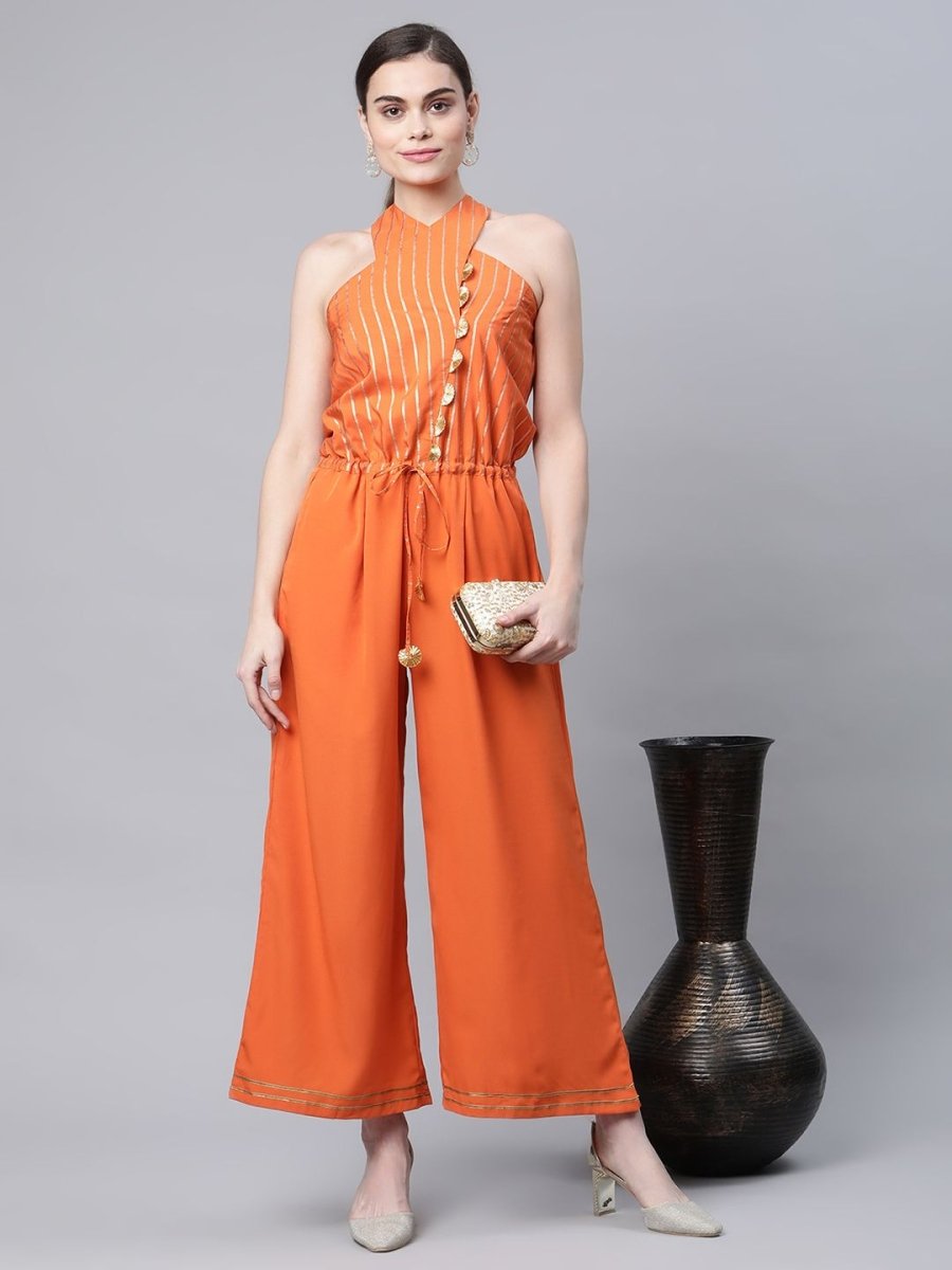 Ahalyaa Womens Orange Crepe Gold Stripped Print Jumpsuit - Swadesiicart