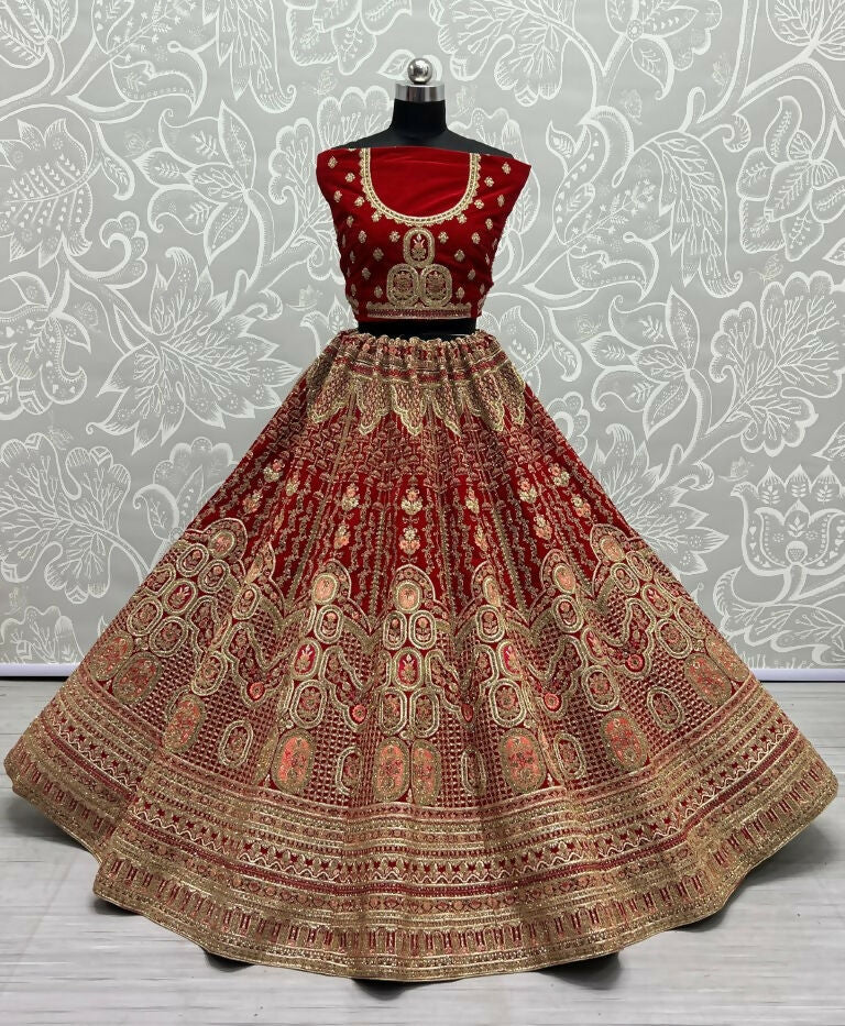 Jyoti Fashion Women's Red Velvet Multi Thread Embroidered with Zircon Diamond Wedding Lehenga Choli | Swadesiicart