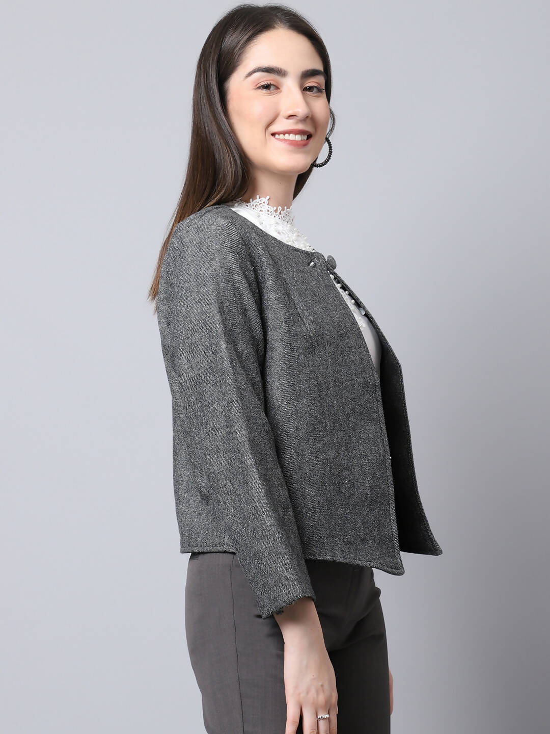 Even Apparels Black Pure Wool Open Front Statement Women's Jacket | Swadesiicart