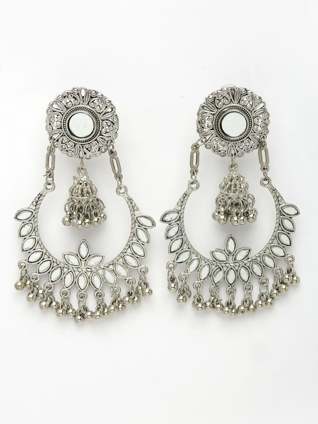 NVR Women's Silver-Plated Mirror Work Oxidised Chandbali Earrings | Swadesiicart