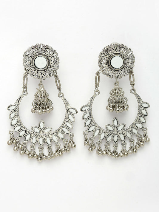 NVR Women's Silver-Plated Mirror Work Oxidised Chandbali Earrings | Swadesiicart