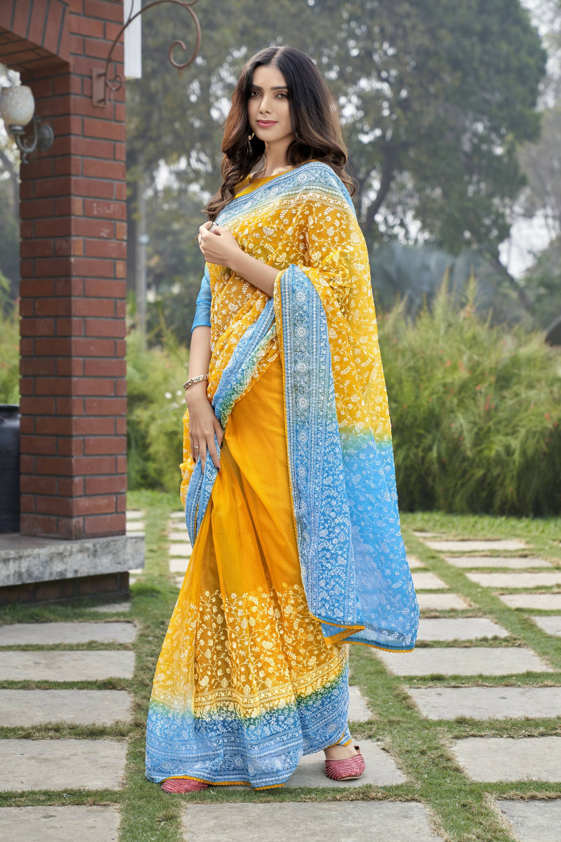 Vamsee Srivani Chikankari Yellow Organza Silk Saree - Swadesiicart