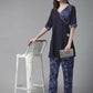 Ahalyaa Women Navy Blue Rayon Wax Printed Angrakha Gotta Patti Tunic With Trousers | Swadesiicart