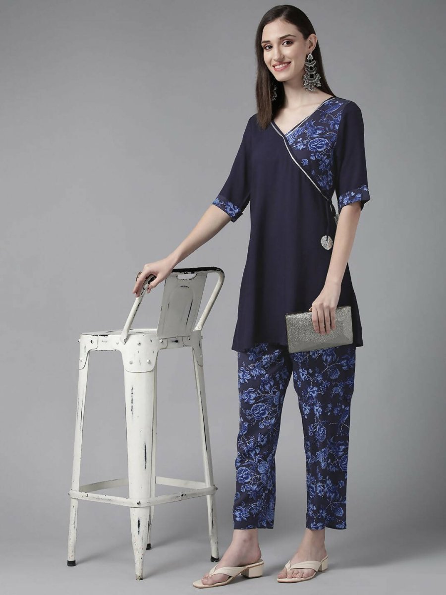 Ahalyaa Women Navy Blue Rayon Wax Printed Angrakha Gotta Patti Tunic With Trousers | Swadesiicart