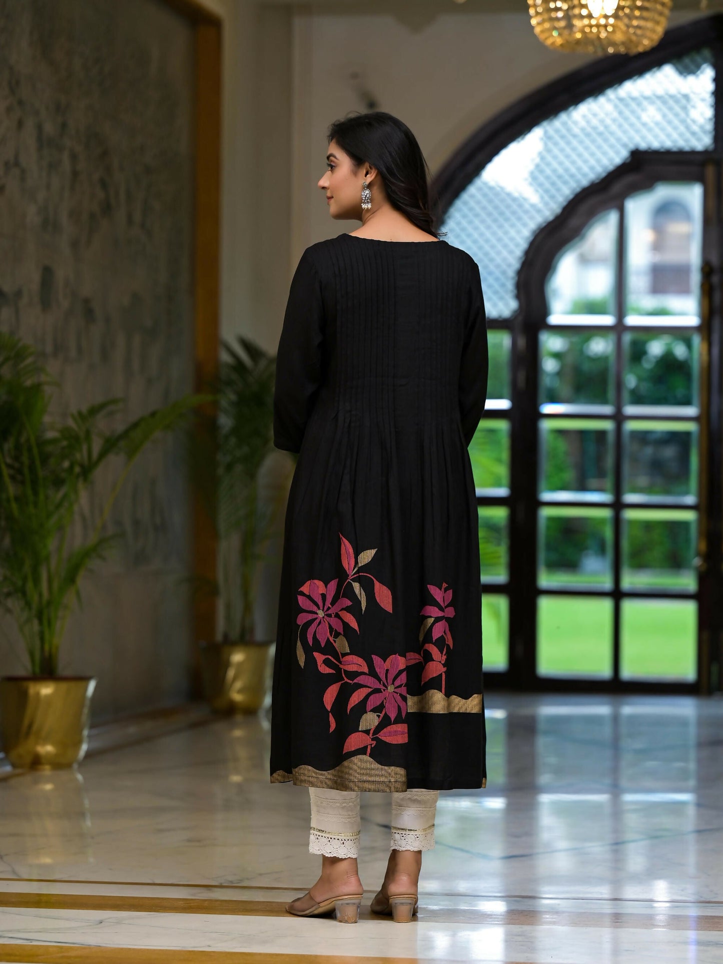 Juniper Women's Black Floral Printed Rayon Kurta With Button Closure - Swadesiicart