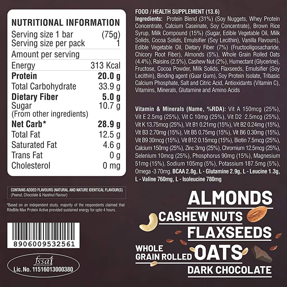 RiteBite Max Protein Active Choco Fudge Bar - Swadesiicart