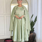 The52 Pista Women's Gorgeous Embroidered Vichitra Silk Fabric Flared Kurta Pant with Dupatta Set - Swadesiicart