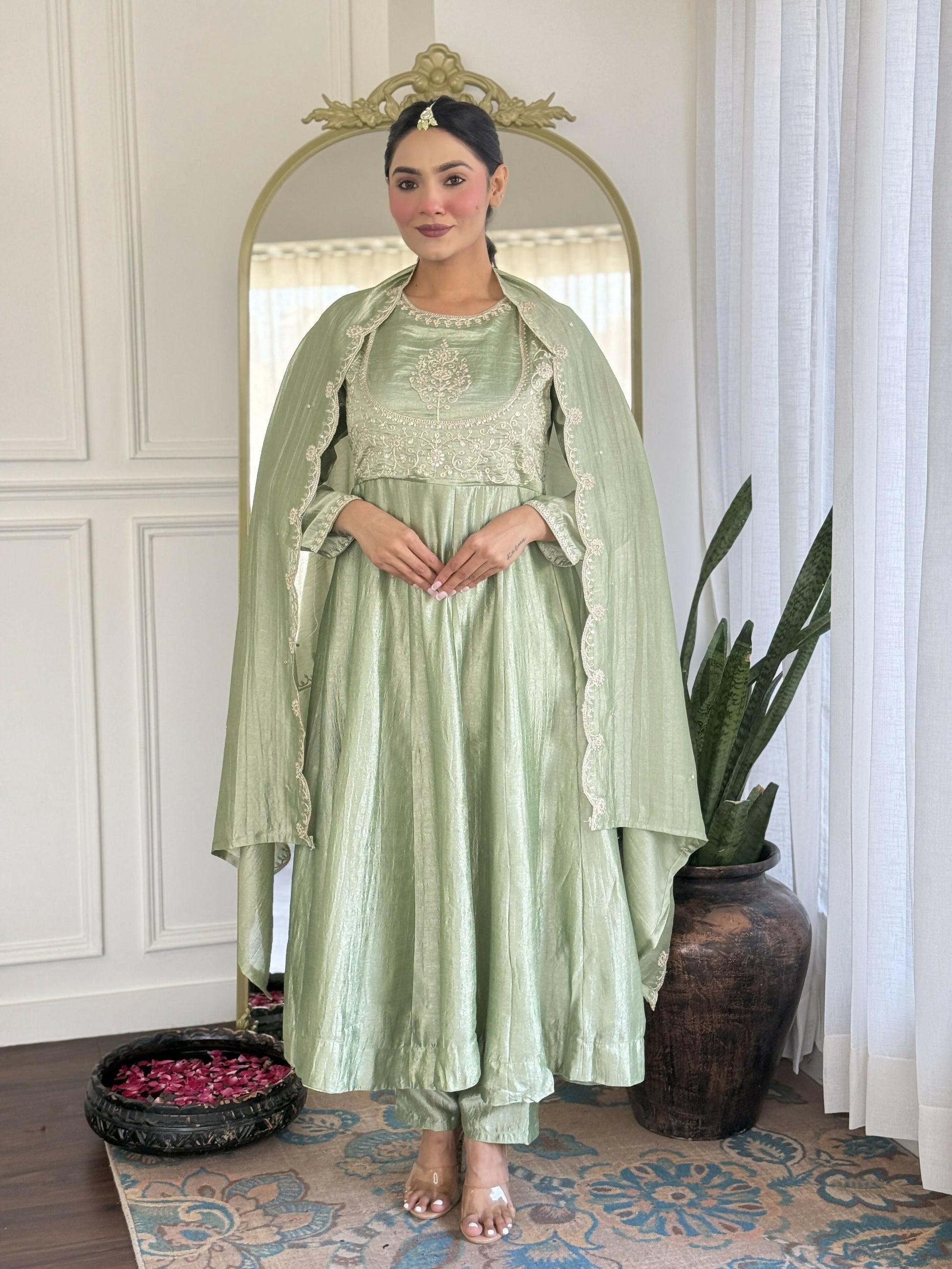 The52 Pista Women's Gorgeous Embroidered Vichitra Silk Fabric Flared Kurta Pant with Dupatta Set - Swadesiicart