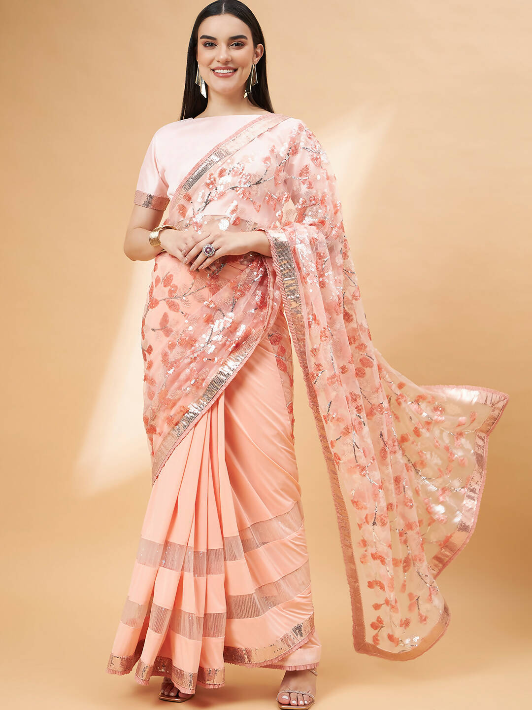 Peach Lycra Sequin Embroidery And Frills Saree - Norita Hit Design - Swadesiicart