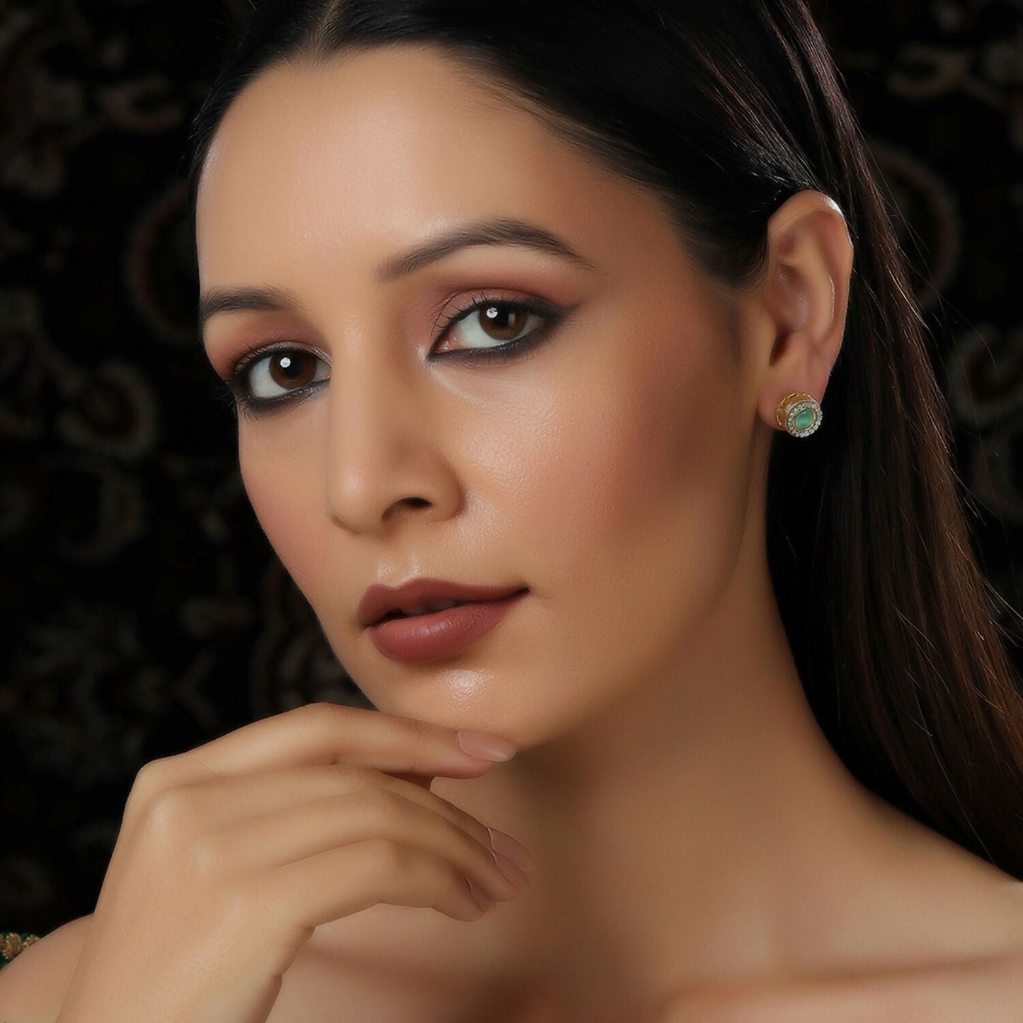 Green Round Daimond and Stone Studs (Green) - Ruby Raang | Swadesiicart