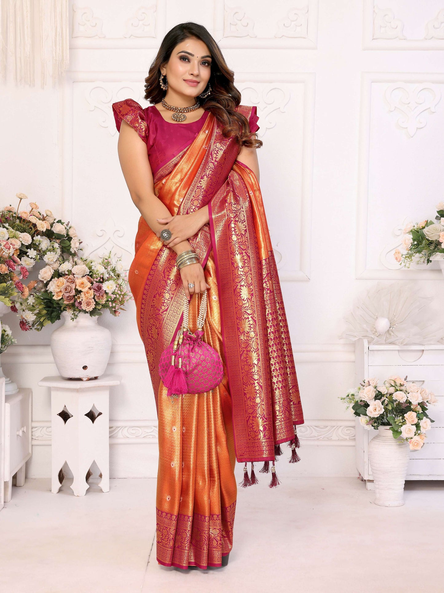 Aastha Fashion Orange Tissue Silk Weaving Saree