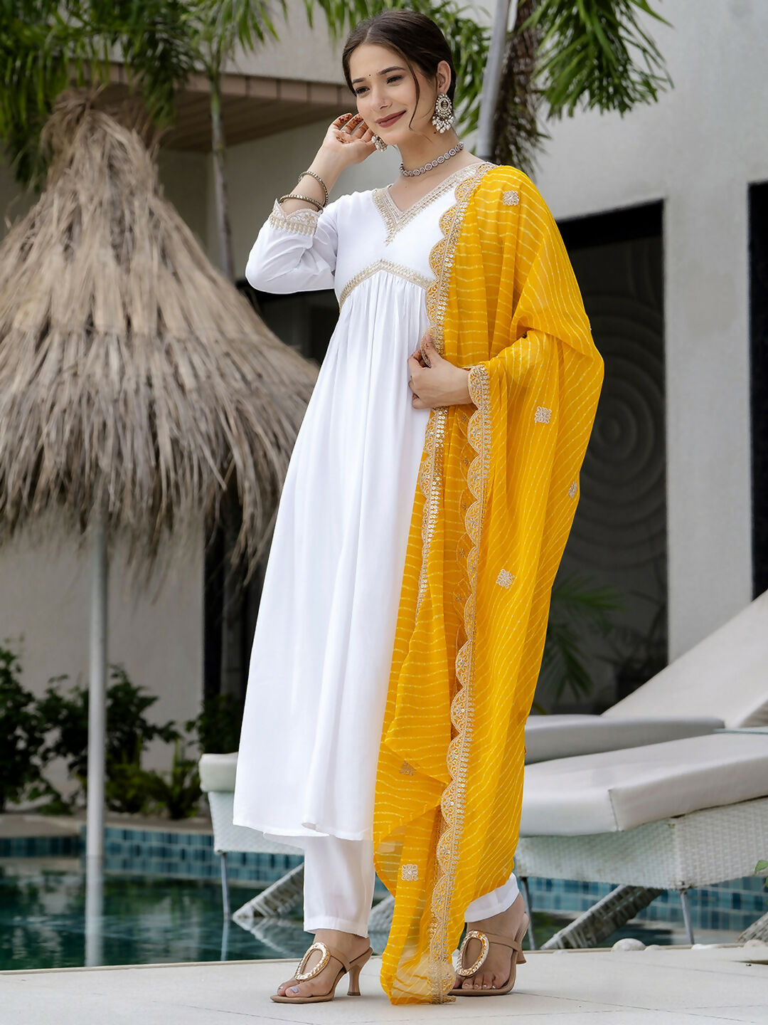 The52 White Women's Gorgeous Embroidered Chanderi Fabric Straight Kurta, Pant and Dupatta Set - Swadesiicart