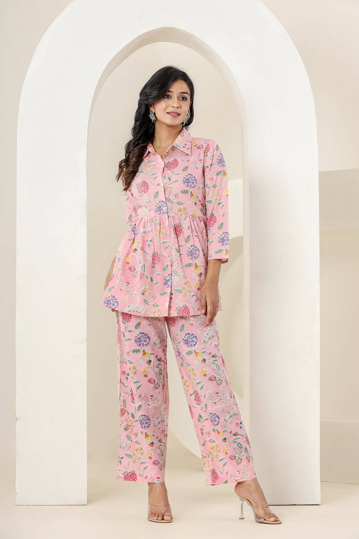 Kaajh Women's Baby Pink Printed Cotton Co-ord Set - Swadesiicart