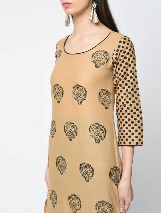 Aniyah Cotton Block Printed Beige Straight Kurta (AN-126K) - Swadesiicart