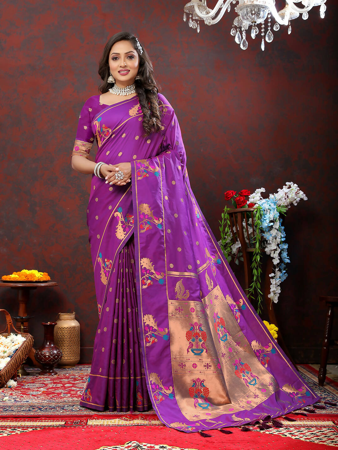 Lorenvalley Fashion Wine Soft Paithani Silk Woven Design Copper Zari Meenakari Weaving Saree - Swadesiicart