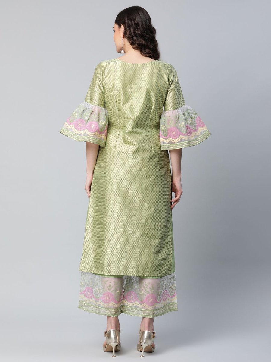 Ahalyaa Women's Light Green Poly Silk Gold Printed Kurta Palazzo Set | Swadesiicart