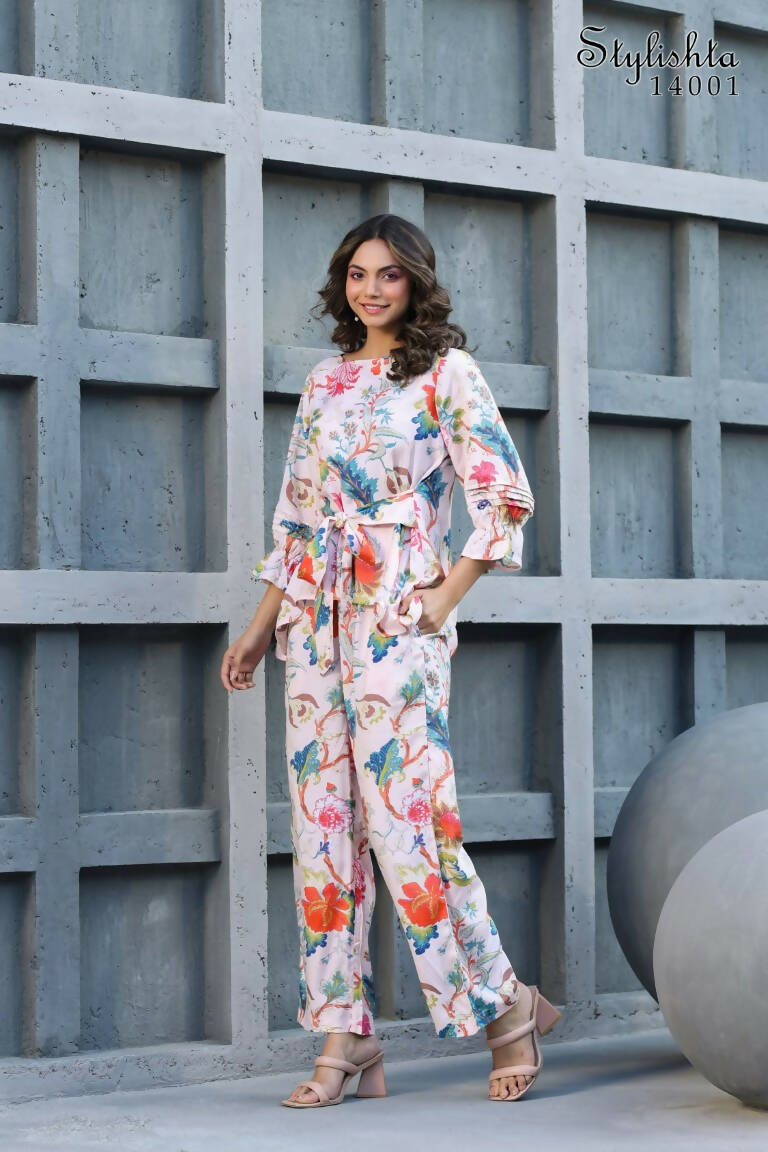 Women's Partywear Designer White & Multi Muslin co-ord set - Stylishta - Swadesiicart