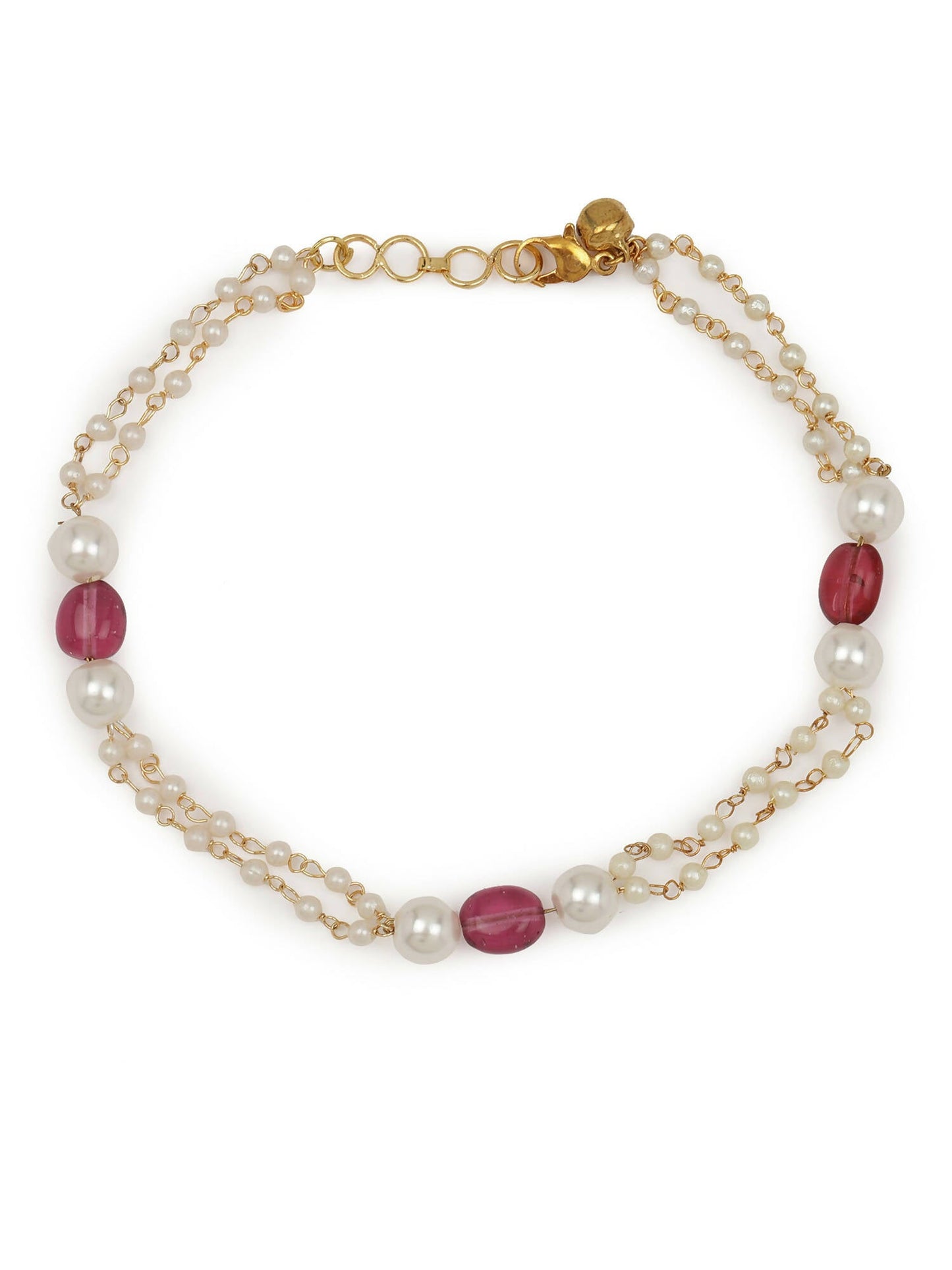 Gold-Polished Pink White Pearl Beaded Anklets Set Of 2 - Ruby Raang | Swadesiicart