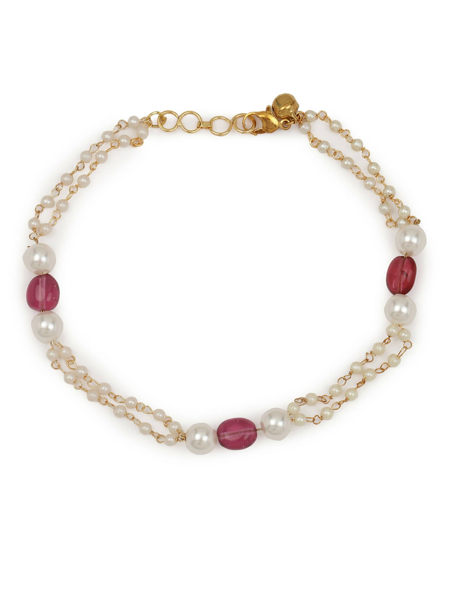Gold-Polished Pink White Pearl Beaded Anklets Set Of 2 - Ruby Raang | Swadesiicart