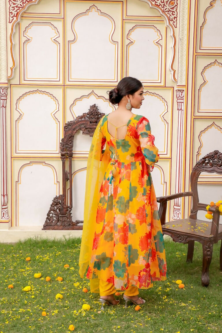 Vaasva Women Mustard Organza Multi Floral Print & Embroidered Anarkali Kurta, Pant & Dupatta set | Swadesiicart