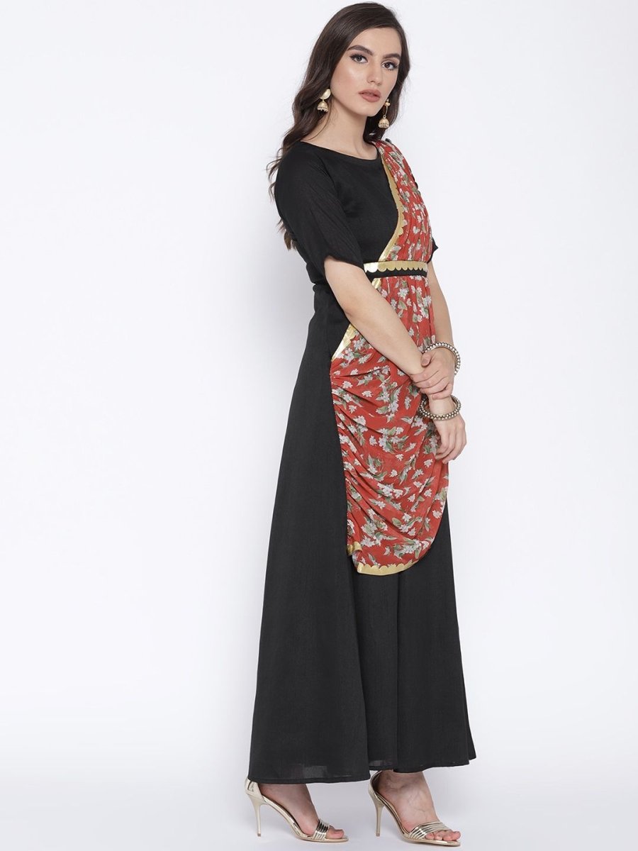 Ahalyaa Women's Black Poly Silk Kurta With Printed Dupatta | Swadesiicart