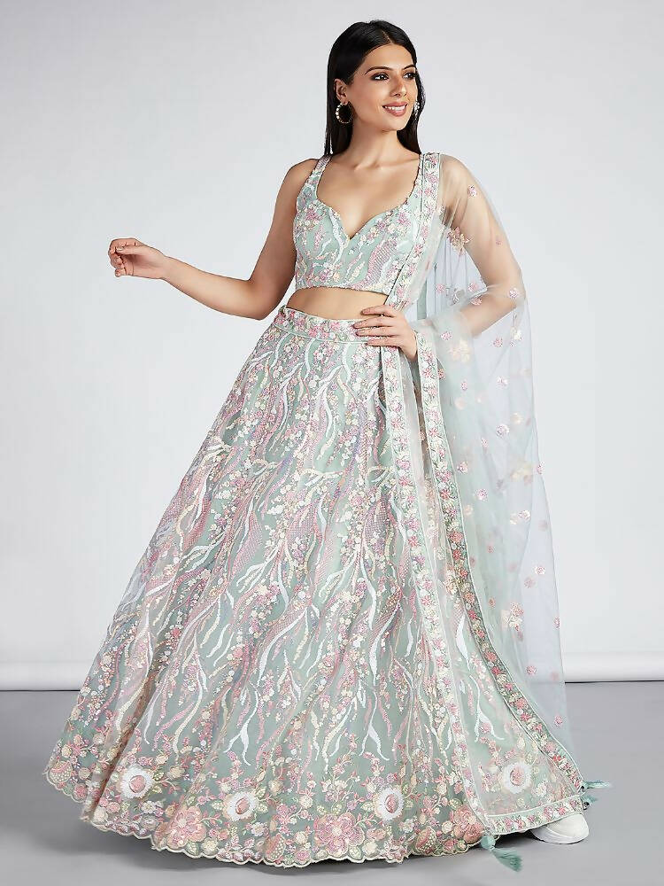 House of Panchhi Lime Green Net Sequins And Thread Embroidery Lehenga Choli & Dupatta | Swadesiicart