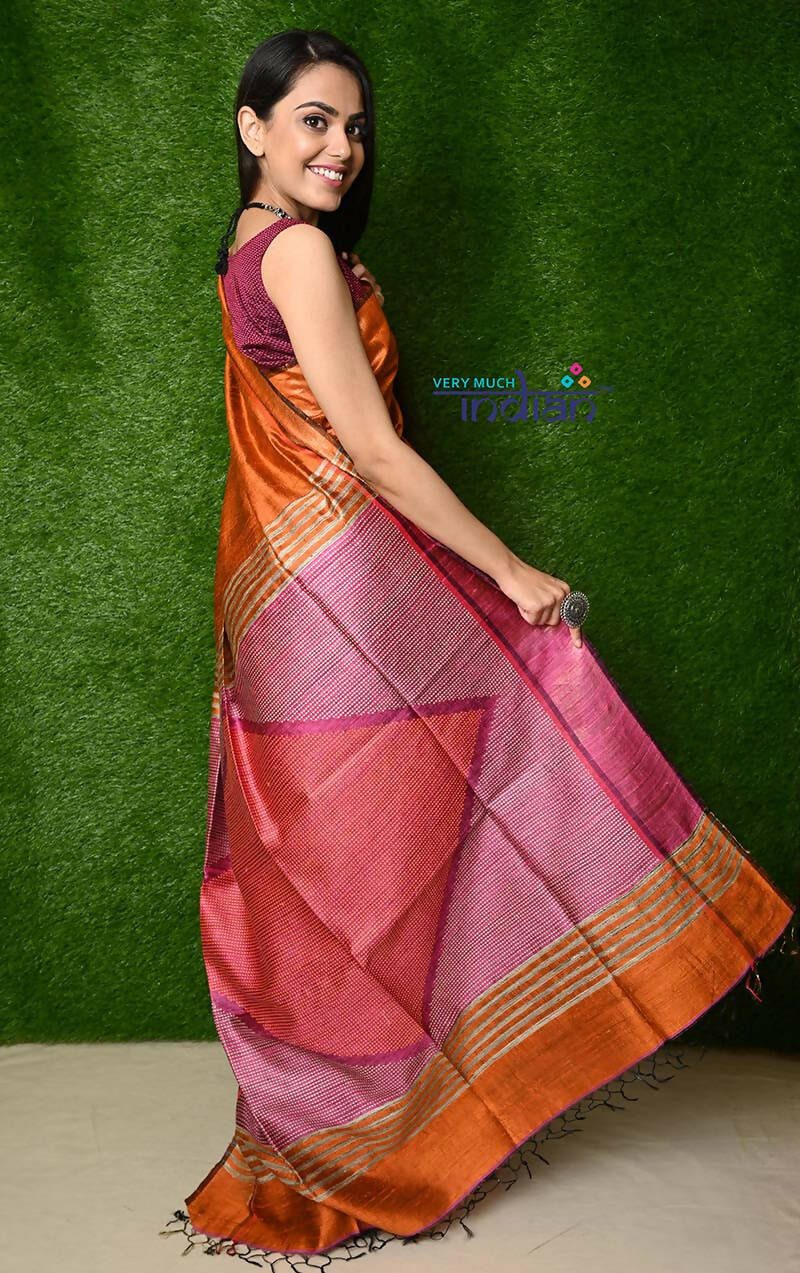 Very Much Indian Handwoven Raw Silk Dupion Saree - Orange With Pink Pallu | Swadesiicart