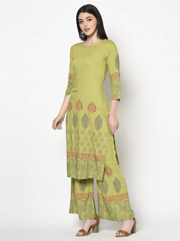 Aniyah Rayon Parrot Green Color Block Print Straight Kurta (AN-198K) - Swadesiicart
